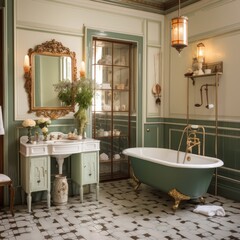 Luxurious bathroom with a footed tub, elegant furnishings, and a chandelier