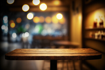 Fototapeta na wymiar Wooden table blurred background of restaurant of cafe with bokeh. Flawless generative ai