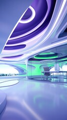 The title of the image is "Modern Office Space with Purple and Green Lighting.