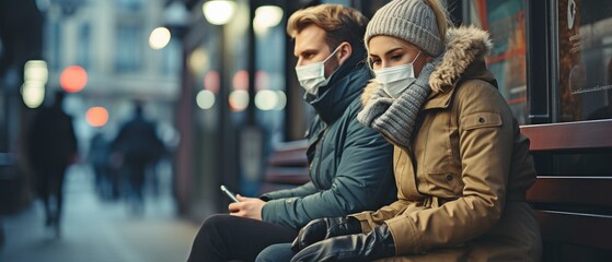 A distressed couple converses while seated on a bench in a coronavirus protective medical mask.. - obrazy, fototapety, plakaty