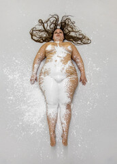 female sexy plus size, fat, overweight, chubby bodypainting nude woman in white color painted...