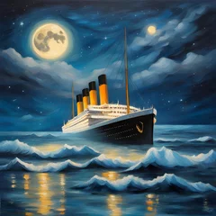 Wall murals Shipwreck Original oil painting of Titanic and iceberg in ocean at night on canvas