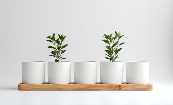 white jars with plants on the white background