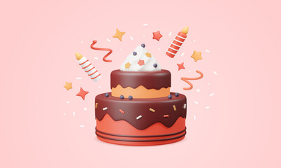 Birthday 3D cake render, flying candles, squiggles, confetti and stars splash. Vector greeting illustration in plastic style. Creamy sweet food with chocolate icing, blueberries and sprinkles.