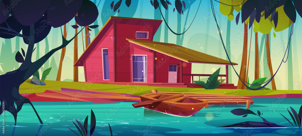 Wall mural house in forest near lake cartoon background illustration. summer cabin exterior near river. rural s