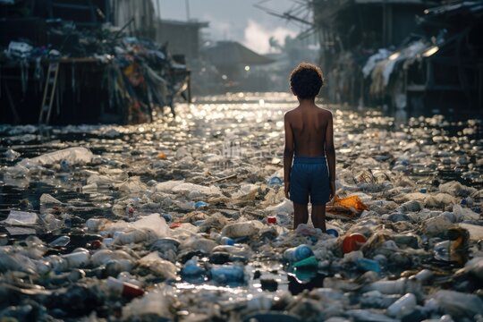 A child stands and looks at the huge amount of plastic trash in the water.