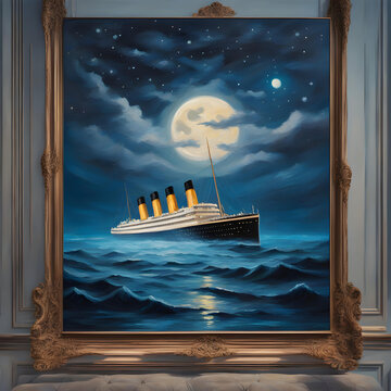Original oil painting of Titanic and iceberg in ocean at night on canvas