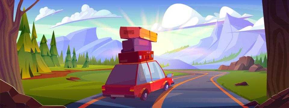 Car with baggage driving towards mountains. Vector cartoon illustration of auto with suitcases on roof riding on highway, forest trees and green grass, sunny sky with clouds, family weekend travel