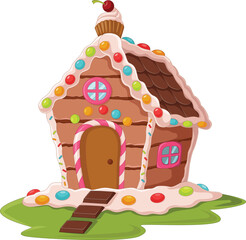 Cartoon gingerbread house on white background