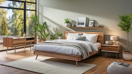 a cosy bed, a mirror, and a wooden cabinet are all present in the bedroom's interior..