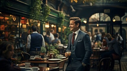 men in vintage suits conversing or discussing anything in the restaurant,.