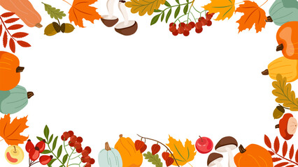 Autumn frame floral red yellow leaves and acorns Fall horizontal banner with cute hand drawn colourful pumpkins apples rowan border Vector illustration backdrop background for Thanksgiving Harvest Day