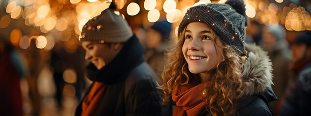 smiling young woman in a photograph having fun at a holiday market. - obrazy, fototapety, plakaty
