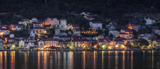 Panoramic view of Perast Town in Montenegro at night	