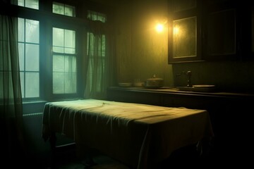 Faint hazy glow passing through a window onto a mortuary examining table. Generative AI