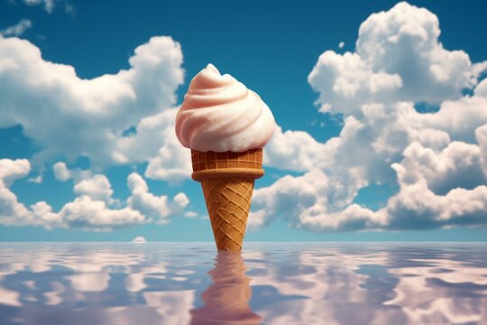 An Ice Cream Cone On Cloudy Ground With Background Clouds And Blue Sky. Generative AI