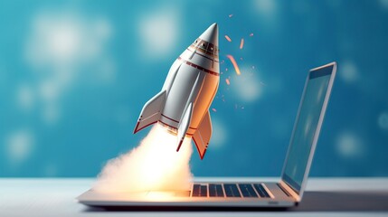 A small rocket takes off from a Laptop with vibrant color combinations in light sky blue and light gray colors for a website, business, and financial success concepts.
