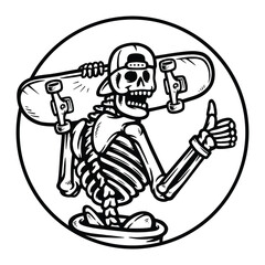 skull carrying a skateboard line illustration