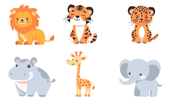 Set of flat vector illustrations. Cute animals of Africa and safari on white background, lion, cheetah, tiger, elephant, giraffe, hippo . Vector illustration
