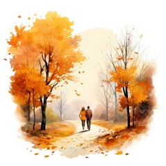Watercolor autumn landscape with a couple walking.