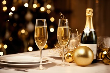 Christmas table setting with holiday decorations in gold color.