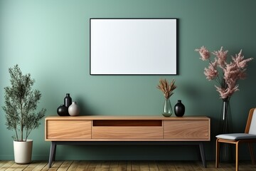 Luxurious mockup photo frame on a green wall mounted on a wooden cabinet, adding depth and style to the room