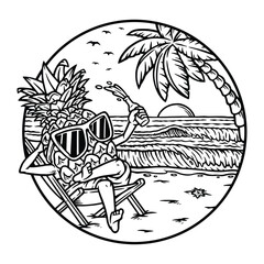 Pineapple is lying down and enjoying the beach line illustration