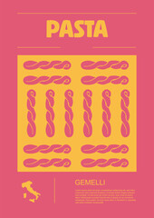 Italian macaroni types, labels for packages set. Gemelli pasta. Organic and natural product, gourmet ingredient for cooking dishes. Handmade and tasty. Vector in flat style