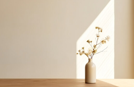 A simple vase with flowers in it on a wooden table. Minimalistic composition with copyspace.