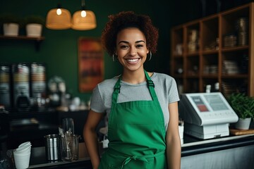Smiling young woman in green apron at coffee shop counter