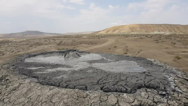 Close Up of Active Mud Volcano in Desert Landscape of Gobustan National Park, Azerbaijan