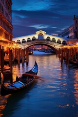 Fototapeta na wymiar Gondolas and the Rialto Bridge, a romantic and scenic Venice, Italy view