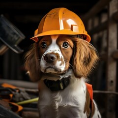 Dog in a construction helmet