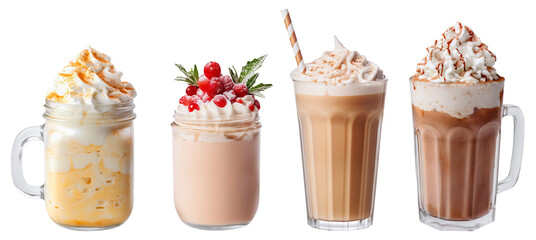 Hot chocolate, cocoa and eggnog on a transparent background. Holiday winter drinks. - obrazy, fototapety, plakaty