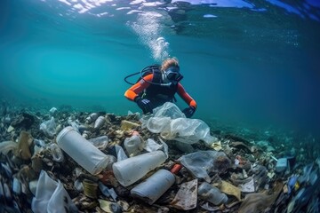 Close-up of a diver aquanaut collecting plastic bottles on the ocean, Environment Problem. - obrazy, fototapety, plakaty