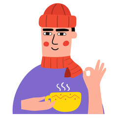 Obraz premium Happy young man in winter hat and scarf. Drinking coffee. Vector design illustration