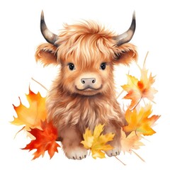 Happy cute baby highland cow in autumn leaves in the watercolor style.