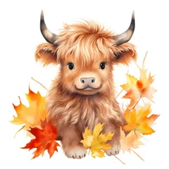 Foto op Canvas Happy cute baby highland cow in autumn leaves in the watercolor style. © AbdulHamid