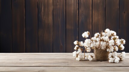 Obraz na płótnie Canvas Empty rustic old wooden boards table copy space with cotton plants and white flowers in background. Product display template