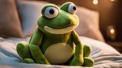 Fototapeta premium A Cute Plush Frog Adorns a Bed in the Warm Embrace of a Comfortable Room