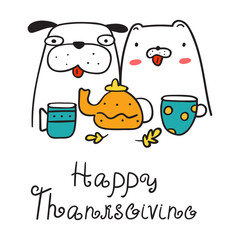 Happy thanksgiving. Cat and dog drink tea. Outline vector. Graphic design. Illustration