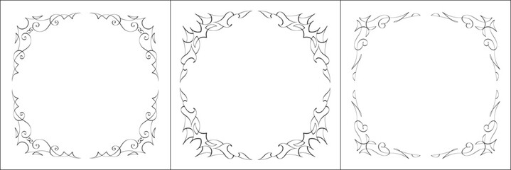 Set of three vector frames. Elegant black and white monochrome ornamental corners for greeting cards, banners, invitations. Vector frame for all sizes and formats. Isolated vector illustration.