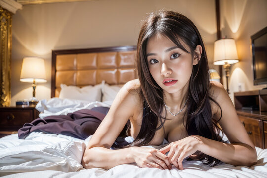 セックス後にホテルのベッドで裸でセクシーに寝そべる日本人女性(美人モデル)