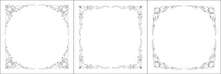 Set of three vector frames. Elegant black and white monochrome ornamental corners for greeting cards, banners, invitations. Vector frame for all sizes and formats. Isolated vector illustration.