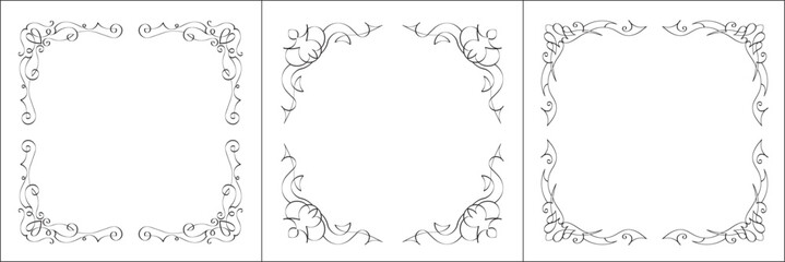 Set of three vector frames. Elegant black and white monochrome ornamental corners for greeting cards, banners, invitations. Vector frame for all sizes and formats. Isolated vector illustration.
