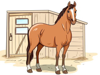 Doodle Horse in stable, cartoon sticker, sketch, vector, Illustration, minimalistic