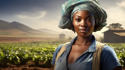 Farmer worker, older African woman standing in front of blurred local farm - obrazy, fototapety, plakaty