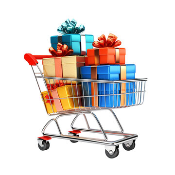 shopping carts full of gift boxes. Concept of discount.