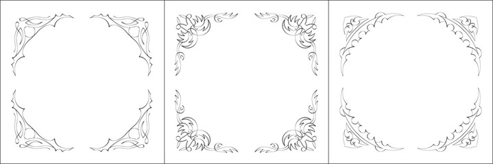 Set of three vector frames. Elegant black and white monochrome ornamental corners for greeting cards, banners, invitations. Vector frame for all sizes and formats. Isolated vector illustration.