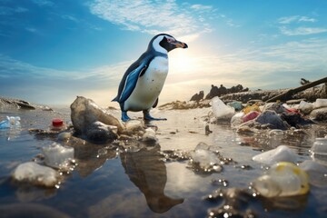 Penguin on the beach with garbage. Plastic water bottle pollution on the beach, Environment Problem.